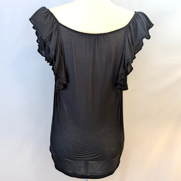 BCBGMAXAZRIA | Black V-Neck Ruffle Short Cap Sleeve Tee | Size Small - Picture 4 of 11